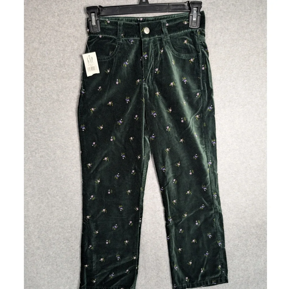 GAP Velvet Pants Kids Size 7 Dark Green Ditsy Floral Straight Leg Fall Fashion